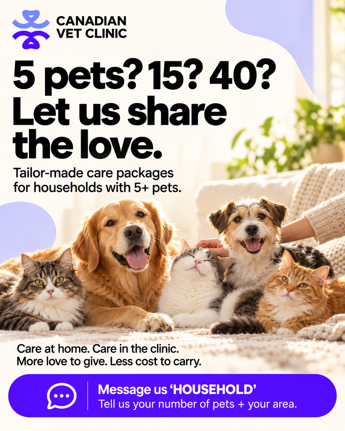 Two dogs and three cats relaxing together at home